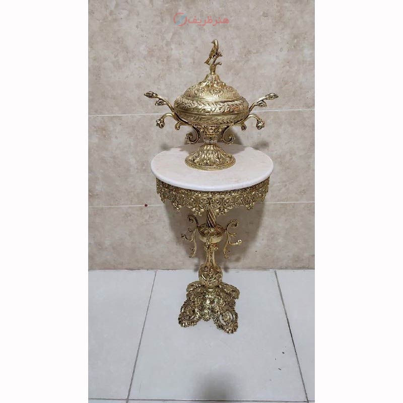 مشخصات، قیمت و خرید میز تلفن پایه برگی، شاخکی، جنس آلیاژ آلومینیوم، آبکاری برنز، زیر قیمت | هنرظریف