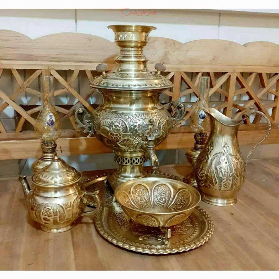 خرید، قیمت و مشخصات سماورزغالی برنجی 7 لیتری با سرویس 5 تکه، قلمزنی دست، زیر قیمت بازار | هنرظریف