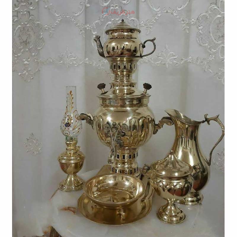 خرید، قیمت و مشخصات سماور ذغالی برنجی 3 لیتری با سرویس 5 تکه، برنج خالص به قیمت تولیدی | هنرظریف