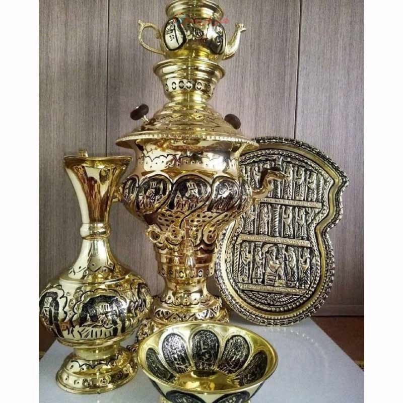 خرید، قیمت و مشخصات سماور ذغالی برنجی 6 لیتری همراه سرویس 5 تکه، زیر قیمت بازار | هنرظریف