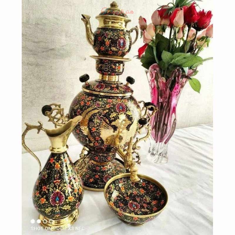 خرید، قیمت و مشخصات سماور زغالی 6 لیتری برنجی میناکاری، سنگین وزن، مدل روسی به قیمت تولیدی | هنرظریف