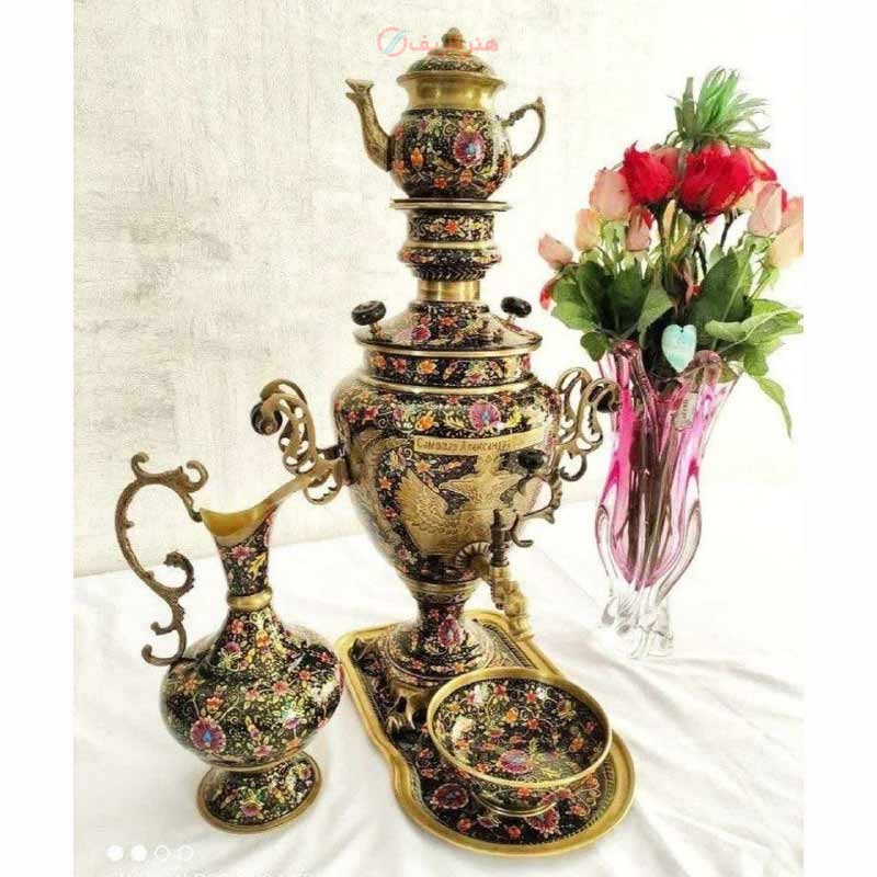 خرید، قیمت و مشخصات سرویس سماور زغالی برنجی 7 لیتری زغالی میناکاری با روکش پلی استر، زیر قیمت بازار  | هنرظریف