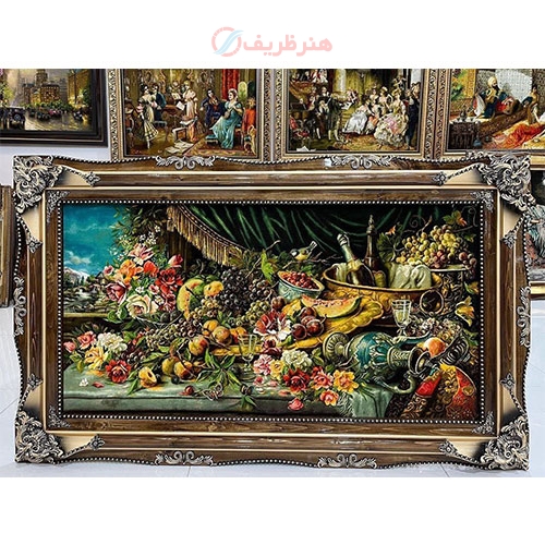 خرید تابلو فرش دستبافت، تابلو فرش دستبافت گل و میوه چله ابریشم پر از ابریشم 50 رج، زیر قیمت بازار | هنر ظریف