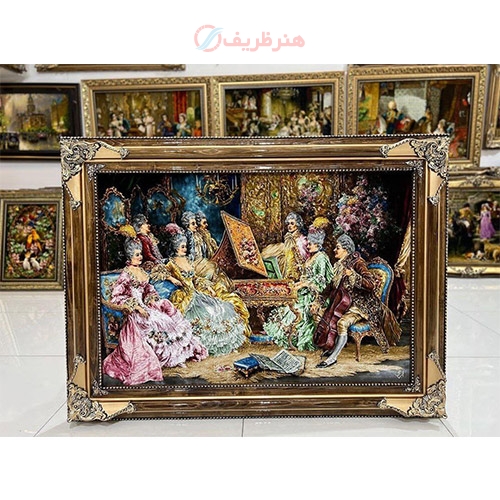 خرید تابلو فرش دستبافت، تابلو فرش دستبافت کلاس موسیقی، چله ابریشم پر از ابریشم، 50 رج، اصل تبریز | هنرظریف