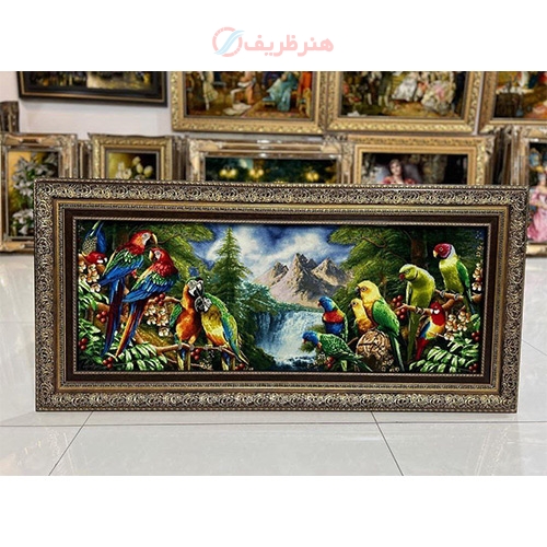 خرید آنلاین، تابلو فرش دستبافت باغ طوطی، چله ابریشم پر از ابریشم 50 رج، زیر قیمت بازار | هنرظریف