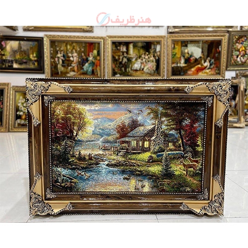 خرید تابلو فرش دستبافت، تابلو فرش دستبافت کلبه جنگلی چله ابریشم پر از ابریشم 50 رج، زیر قیمت بازار | هنرظریف