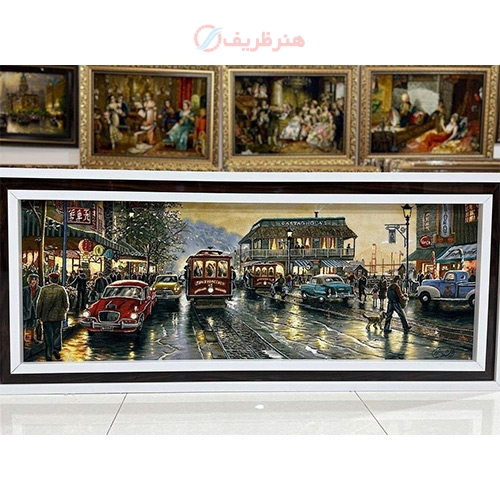 خرید تابلو فرش دستبافت، تابلو فرش دستبافت خیابان سانفرانسیسکو چله ابریشم 50 رج، زیر قیمت بازار | هنرظریف