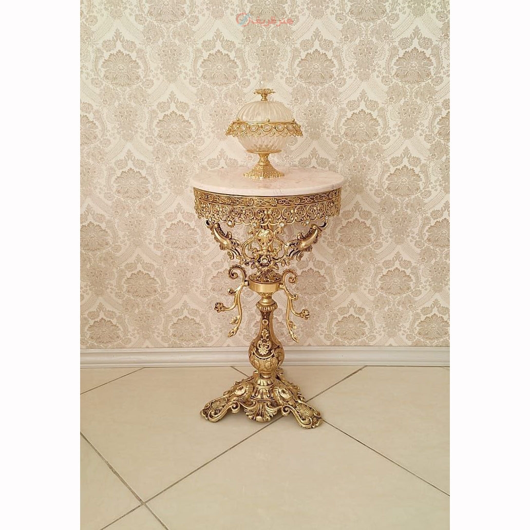 خرید، قیمت و مشخصات میز تلفن سه رخ شاخکی تاج دار، قطر 40، جنس آلیاژ آلومینیوم با آبکاری برنز - هنرظریف