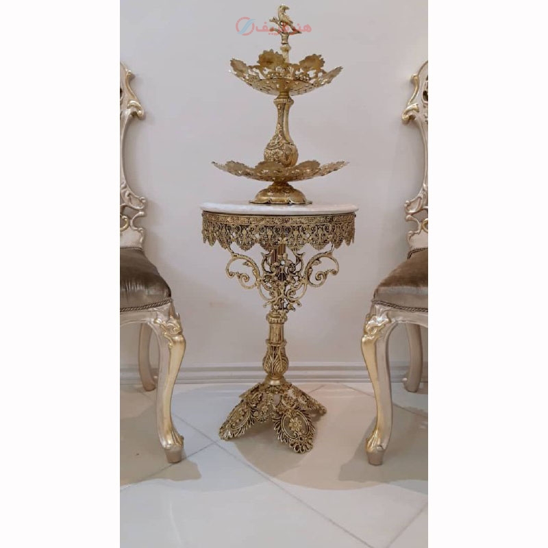 خرید، قیمت و مشخصات میز تلفن پایه برگی تاج دار جنس آلیاژ آلومینیوم با آبکاری برنز - هنرظریف