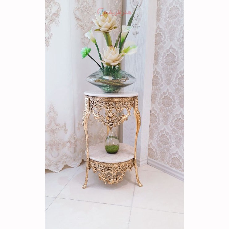 مشخصات کامل میز دوطبقه، عرض 40، دوتاج جنس آلیاژ آلومینیوم با آبکاری برنز - هنرظریف