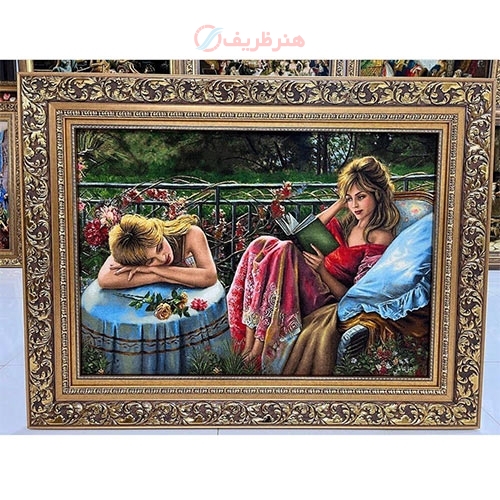 خرید، قیمت و مشخصات تابلو فرش دستبافت، تابلو فرش دستبافت کتاب خوان، چله ابریشم 50 رج، زیر قیمت بازار | هنرظریف