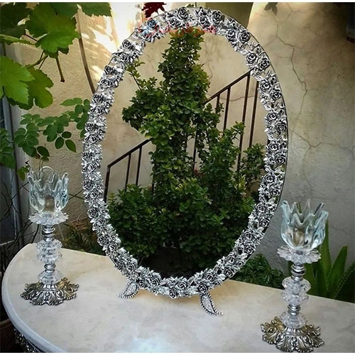 خرید آنلاین، سرویس آینه شمعدان عقد، گل رز روکش نقره، رنگ ثابت و کیفیت عالی با طراحی خاص و مدرن | هنرظریف