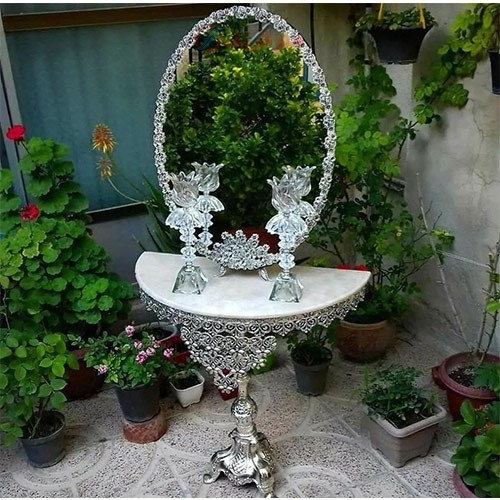 خرید آنلاین، سرویس کامل آینه و شمعدان و میز کنسول آلیاژ، گل مینا نقره ای، زیر قیمت بازار با رنگ ثابت | هنرظریف