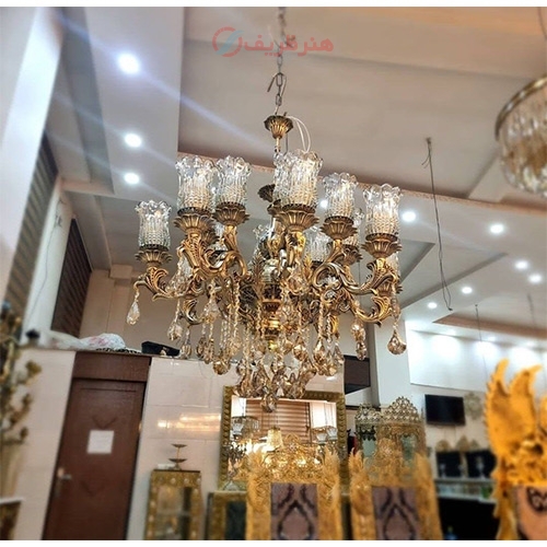 خرید، قیمت و مشخصات لوستر برنزی 8 شاخه 16 لامپ، لاله و کریستال درجه، دارای ضمانت رنگ | هنرظریف
