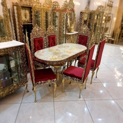 خرید قیمت و مشخصات میز ناهار خوری 6 نفره آلومینیومی مدل گل سرخ و سنگ مرمر با مناسب ترین قیمت | هنرظریف