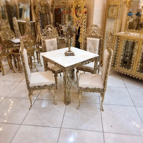 خرید، قیمت ومشخصات میز ناهار خوری 4 نفره جنس تمام برنز و رویه مرمر درجه یک و پارچه دارای رنگ بندی زیر قیمت بازار ، کیفیت عالی - هنرظریف