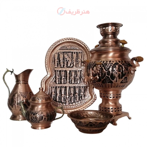 خرید، قیمت و مشخصات سرویس جدید سماور ذغالی 5 پارچه مسی مدل قلمکاری ظرفیت 4 لیتر زیر قیمت بازار  - هنرظریف