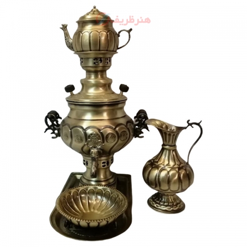 خرید، قیمت و مشخصات سرویس سماور ذغالی 5 پارچه برنجی مدل گل، ظرفیت 3 لیتر زیر قیمت بازار - هنرظریف
