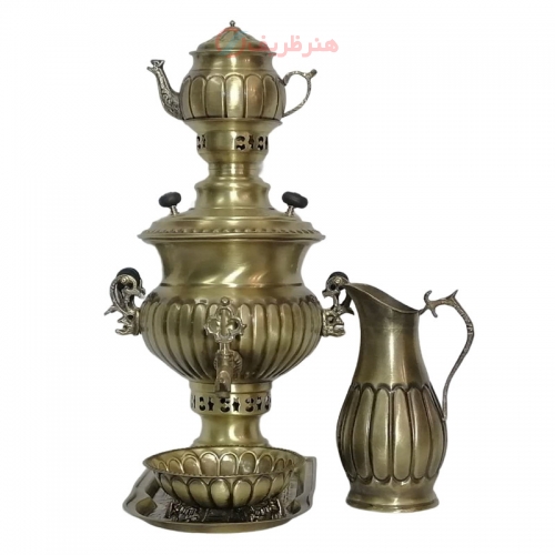 خرید، قیمت و مشخصات سرویس سماور زغالی 5 پارچه برنجی، مدل استکانی، ظرفیت 4 لیتر  | هنرظریف