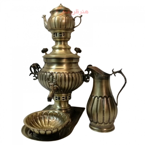 خرید، قیمت و مشخصات سرویس سماور زغالی 5 پارچه برنجی مدل عدسی، ظرفیت 3 لیتر کیفیت عالی - هنرظریف