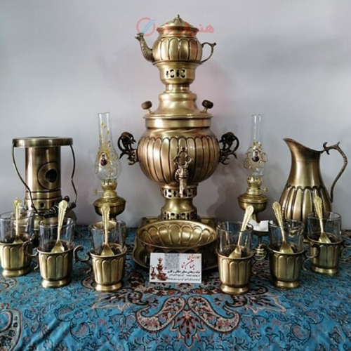 خرید، قیمت و مشخصات سرویس سماور زغالی برنجی آتشی ۲۰ پارچه ظرفیت 3 لیتر زیر قیمت بازار ، کیفیت عالی - هنرظریف