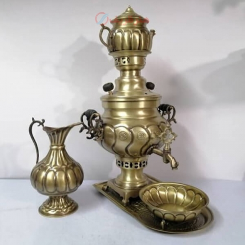 خرید، قیمت و مشخصات سرویس سماور زغالی برنجی ۵ تکه مدل آینه کج ظرفیت 3/5 لیتر زیر قیمت بازار ، کیفیت عالی - هنرظریف