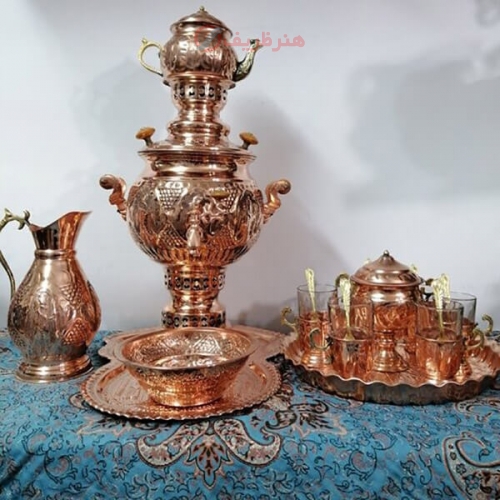 خرید، قیمت و مشخصات سرویس سماور زغالی مسی 19 پارچه ظرفیت ۴ لیتر زیر قیمت بازار ، کیفیت عالی - هنرظریف