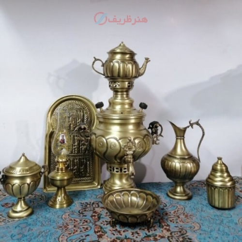 خرید، قیمت و مشخصات سرویس سماور زغالی برنجی ۸ پارچه ظرفیت 3/5 زیر قیمت بازار ، کیفیت عالی - هنرظریف