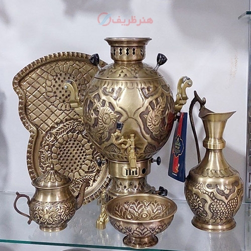 خرید، قیمت و مشخصات سرویس کامل سماور گازی مدل جهان نما حجم 6 لیتری قلمزنی گل و مرغ بسیار با کیفیت زیر قیمت بازار - هنرظریف