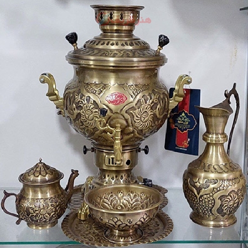 خرید، قیمت و مشخصات سرویس سماور 8 لیتری مهستان ورق ضخیم و قلمزنی گل و مرغ بسیار تماشایی، زیر قیمت بازار - هنرظریف