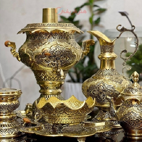 خرید، قیمت و مشخصات سرویس سماور ذغالی 6 لیتری اعلا قلمزنی اسلیمی و ورق ضخیم برنجی فوق العاده کیفیتی - هنرظریف