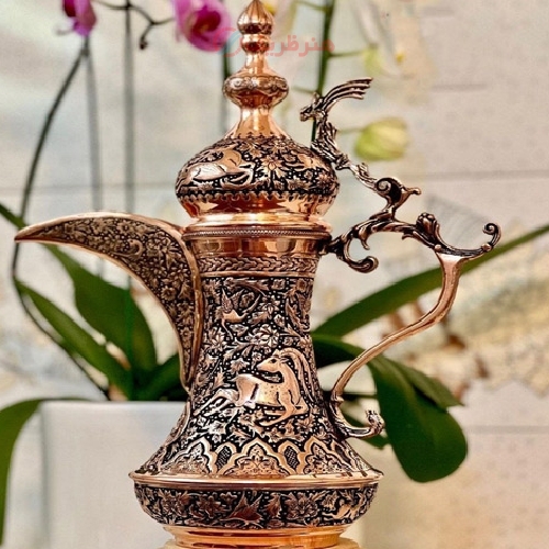 خرید، قیمت و مشخصات دله روکش مس کلکسیونی با قلمزنی گل، مرغ و آهو جذاب، طراحی بسیار زیبا و خاص - هنرظریف