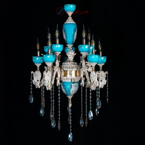 خرید، قیمت و مشخصات لوستر سرامیک کریستال مدل جدید، کار شده با سرامیک به رنگ فیروزه ای چشم نواز - هنرظریف