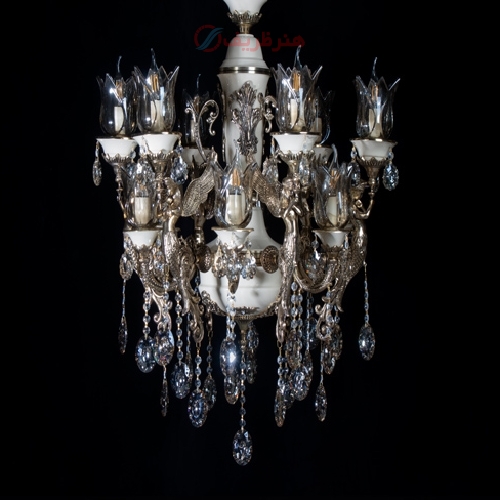 خرید، قیمت و مشخصات لوستر سرامیکی طرح گل، کریستال های آویزی تماشایی و نوردهی فوق العاده - هنرظریف