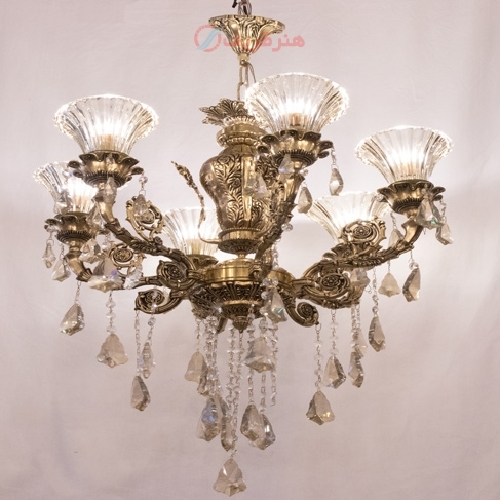 خرید، قیمت و مشخصات لوستر 6 شعله مجلسی بدنه طراحی شده و آویز کریستالی با کیفیت - هنرظریف