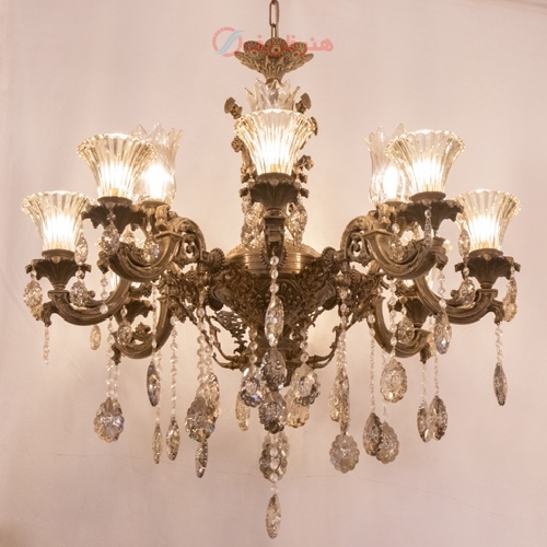 خرید، قیمت و مشخصات لوستر طرح گل کار شده با کریستال های آویزی و نوردهی عالی - هنرظریف