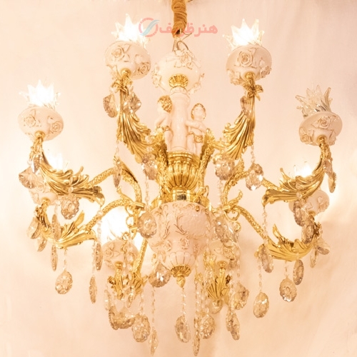 خرید، قیمت و مشخصات لوستر 8 شعله کار شده با سرامیک و کریستال فوق العاده تماشایی - هنرظریف