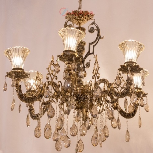 خرید، قیمت و مشخصات لوستر 6 شاخه طراحی شیک و آنتیک بدنه آلیاژ و تزیینات کریستال بسیار زیبا - هنرظریف