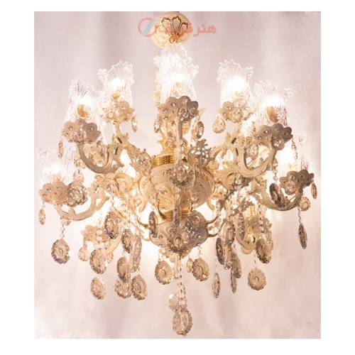 خرید، قیمت و مشخصات لوستر مجلسی با سر شاخه شیشه ای و کریستال های آویزی بسیار شیک و شکیل - هنرظریف