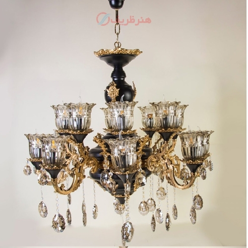 خرید، قیمت و مشخصات لوستر 8 شاخه دوبل، بدنه برنزی و رنگ مشکی فورتیک طرح چلچله بزرگ - هنرظریف