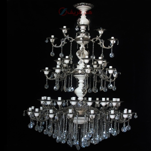 خرید، قیمت و مشخصات لوستر 24 شاخه بزرگ مدل روژان بدنه آلومینیوم با دوام و رنگ سفید و کرم - هنرظریف