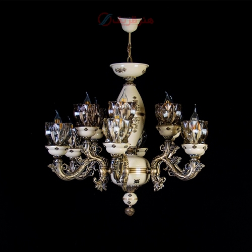 خرید، قیمت و مشخصات لوستر 6 شاخه هر شاخه 2 شعله بدنه برنز و رنگ فورتیک درجه یک - هنرظریف