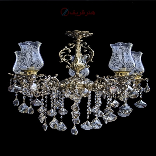 خرید، قیمت و مشخصات لوستر شاه عباسی کوچک 5 شاخه بدنه برنزی رنگ ثابت و کیفیت ساخت درجه یک - هنرظریف