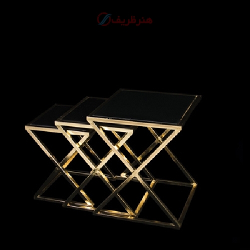 خرید، قیمت و مشخصات ست جلو مبلی و عسلی ایکس بدنه شیشه و فلزی رنگ طلایی - هنرظریف