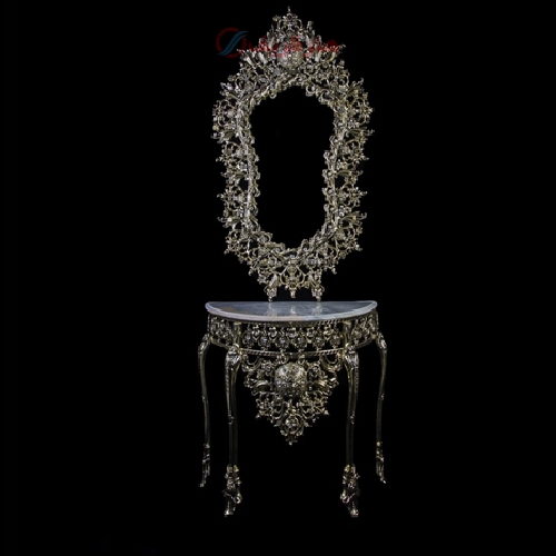 خرید، قیمت و مشخصات سرویس آینه و کنسول طرح گل میوه و بدنه آلومینیوم، رنگ طلایی درجه یک - هنرظریف