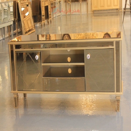 خرید، قیمت و مشخصات میز تلویزیون چوبی و آینه کاری شده با رویه شیشه ای با دوام - هنرظریف