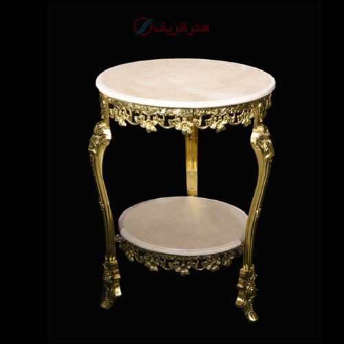 خرید، قیمت و مشخصات میز تلفن دو طبقه با رویه سنگی سه پایه و جنس بدنه برنزی - هنرظریف