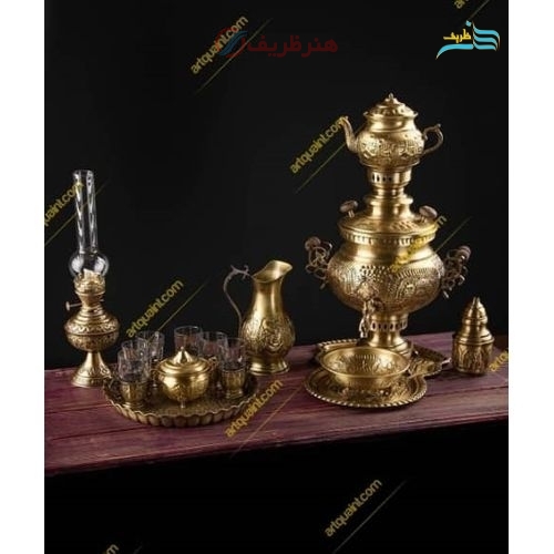 خرید، قیمت و مشخصات سرویس کامل سماور برنجی زغالی 6 لیتری با ارتفاع 57 سانت به همراه سرویس چایخوری | هنرظریف