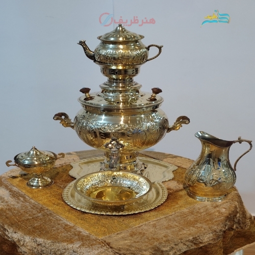 مشخصات کامل ست سماور ذغالی ۶ لیتری قلمزنی توپی طلایی با ورق ضخیم و رنگ ثابت | هنرظریف
