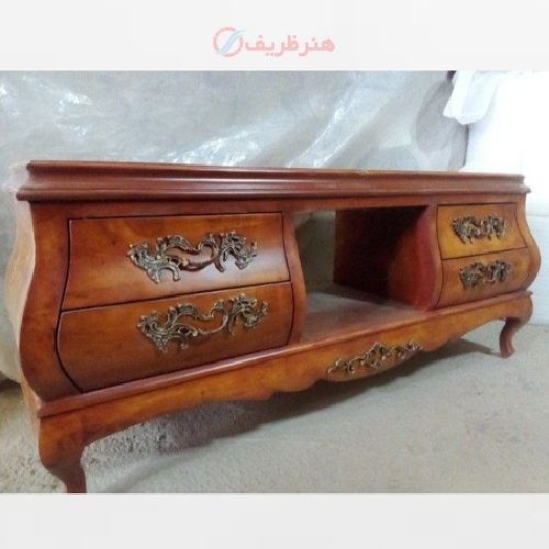 خرید، قیمت و مشخصات میز تلویزیون معرق، چوب روس و رنگ پولیش شده دارای ضمانت و رنگبندی - هنرظریف